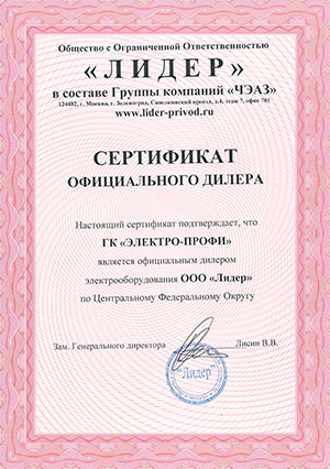 Сертификат официального партнера компании Лидер